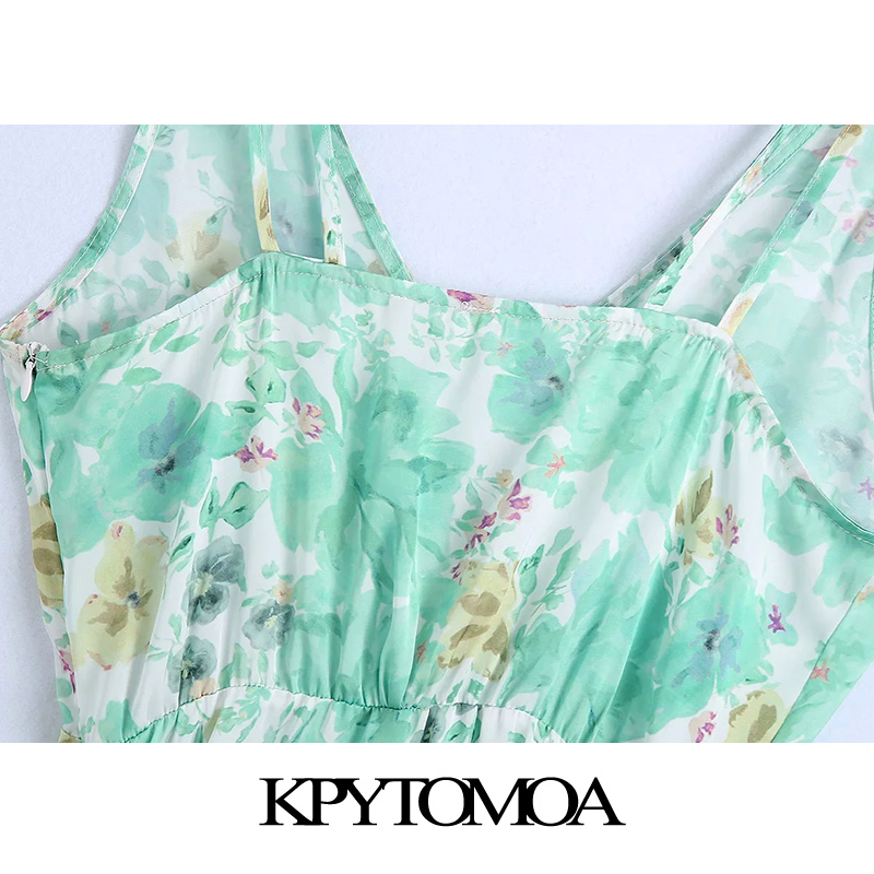 Women Chic Fashion With Covered Buttons Floral Print Midi Dress Backless Thin Straps Female Dresses Mujer 210420