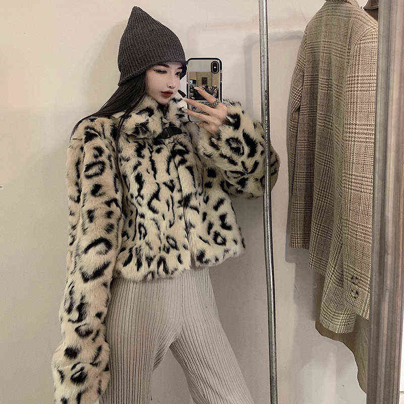 Lucyever Fashion Leopard Short Furry Jacket Womens Spring Keep Warm Faux Fur Coat Woman Korean Turn-down Collar Plush Coats 211123