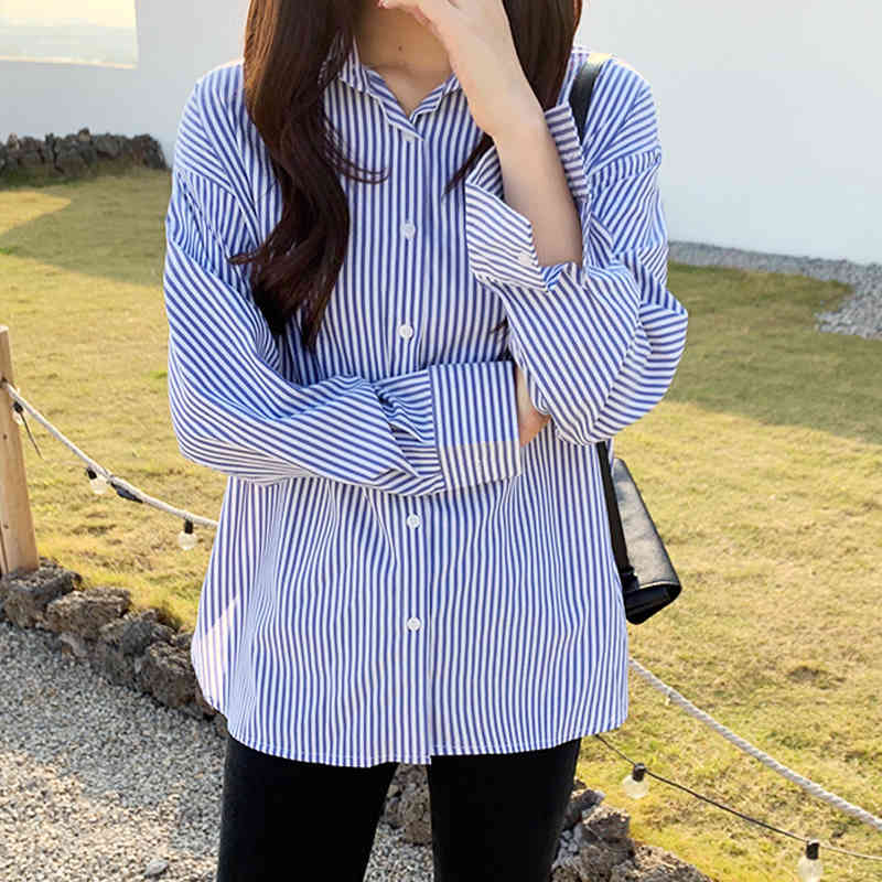 Korean Style Spring Blouse Women Casual Long Sleeve Cotton Striped Shirt for Cardigan Plus Size Ladies Tops 9196 50 210508