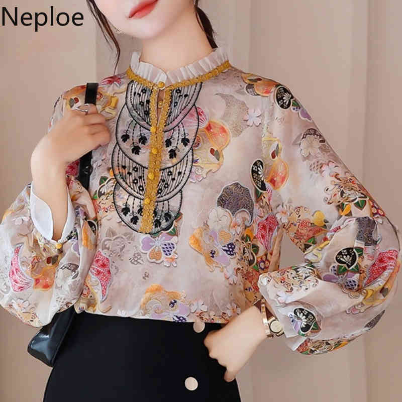 Neploe Vintage Blusas Mujer Print Chiffon Shirt Spring Loose Tops Stand Neck Lantern Long Sleeve Shirt Fashion Blouses Women 210422