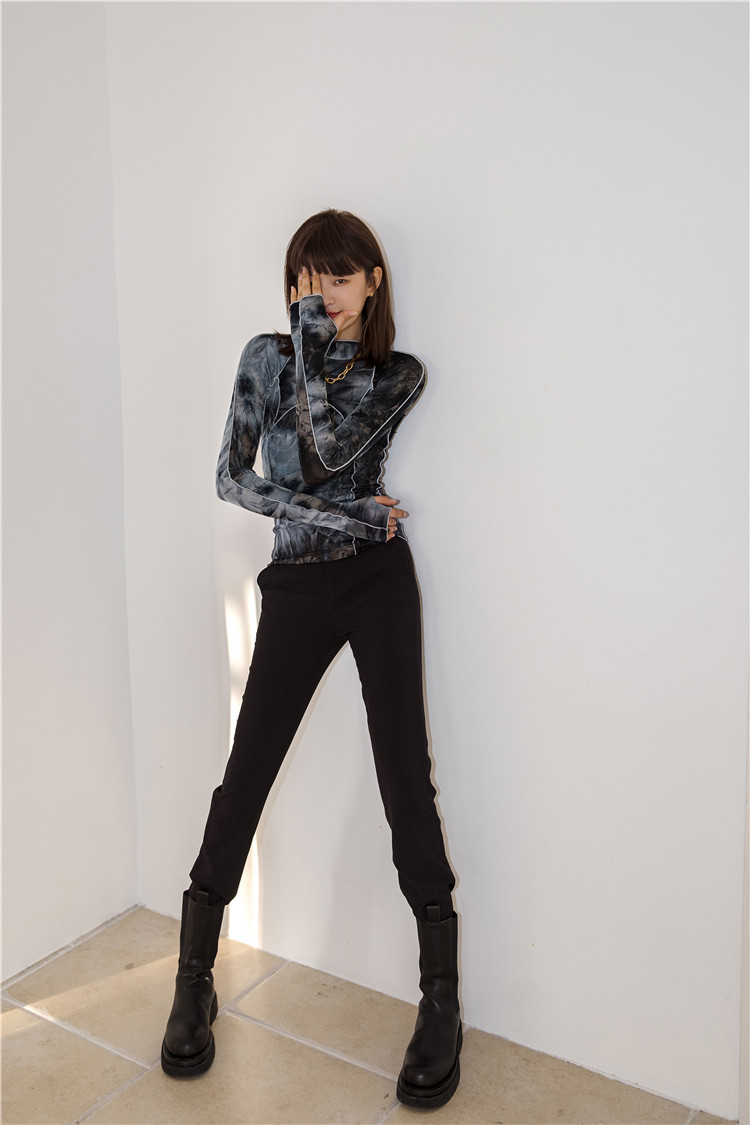 CHEERART Tie Dye Grey Black Turtleneck Woman Tshirts Bodycon Long Sleeve Top Women Fall Fashion Tee Shirt Femme Clothing 210406