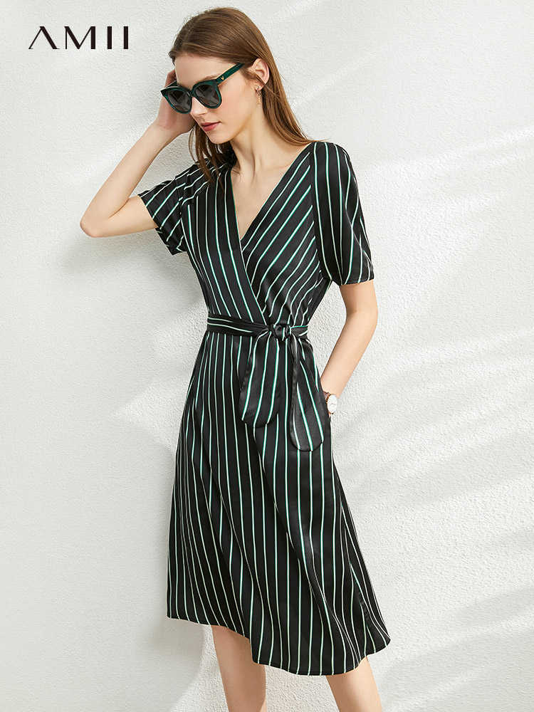Minimalism Summer Dress For Women Offical Lady Stripe Printed Vneck Loose Belt Knee-length 12030094 210527