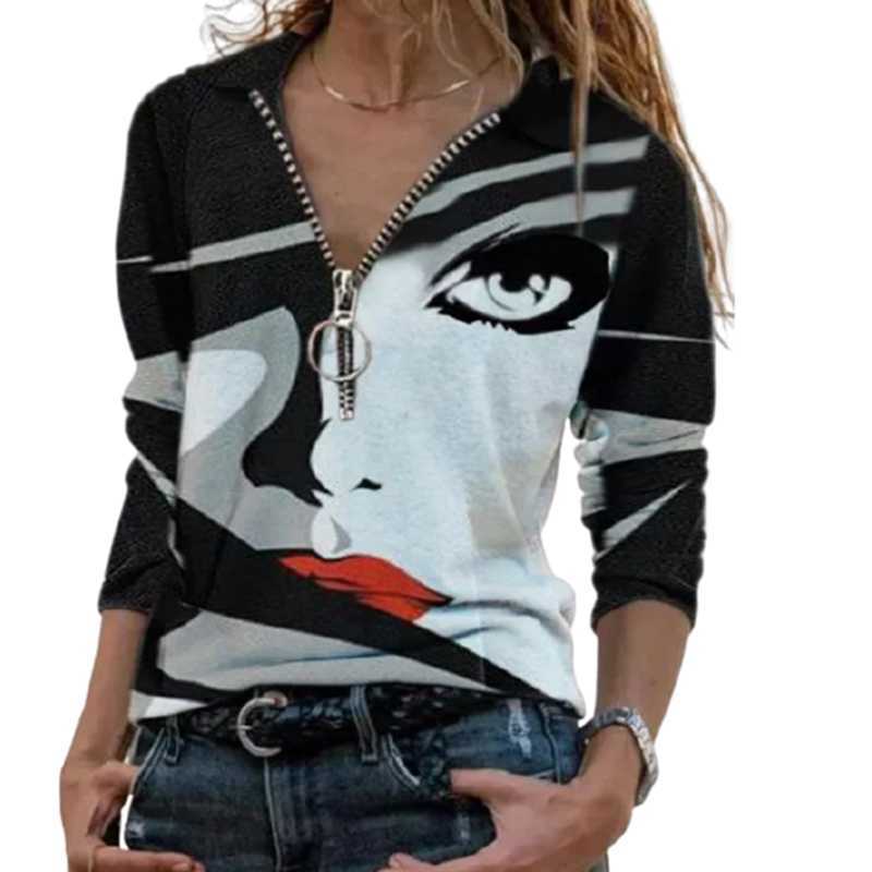 Women Polo T-shirt Retro Print Half Zip V-Neck Long Sleeve Oversize Tops And Tees Autumn Casual Slim Lady Street Green Blue Tees 210819