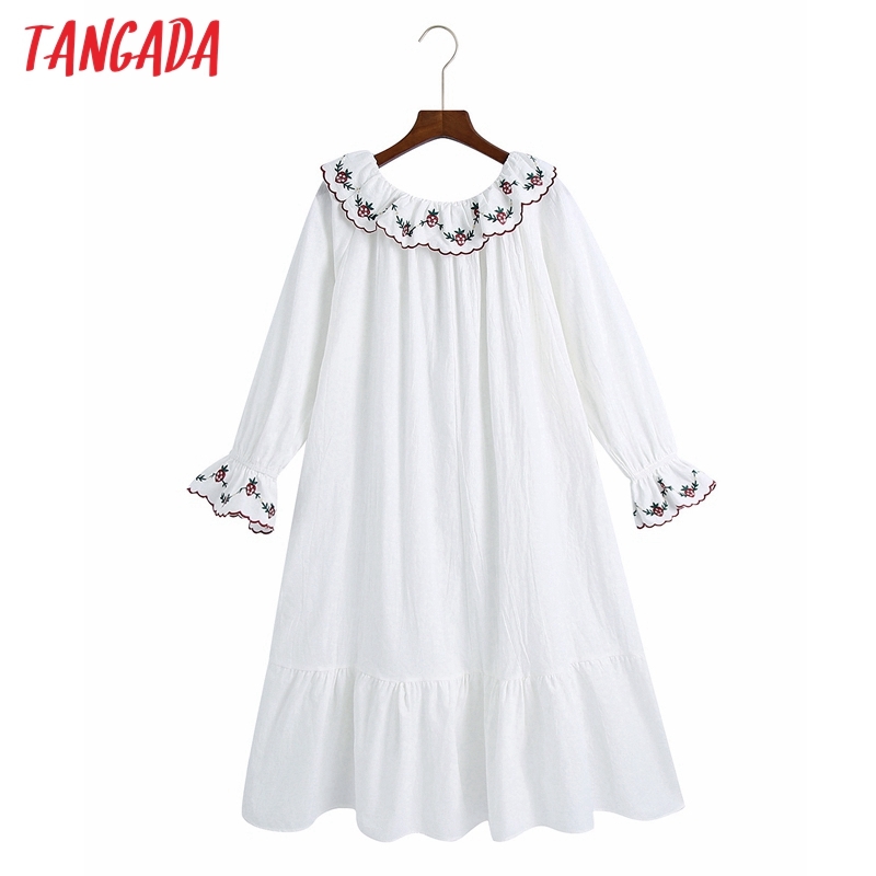 Women Embroidery Romantic Dress Ruffles Long Sleeve Females Midi Dresses Vestidos 6Z67 210416