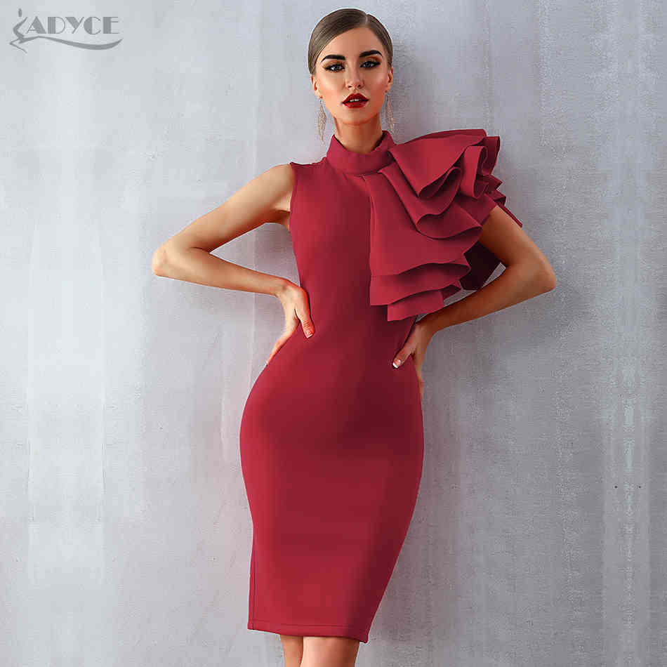 Summer Women Wine Red Celebrity Evening Runway Party Dress Sexy Sleeveless Ruffles Bodycon Midi Night Club 210423