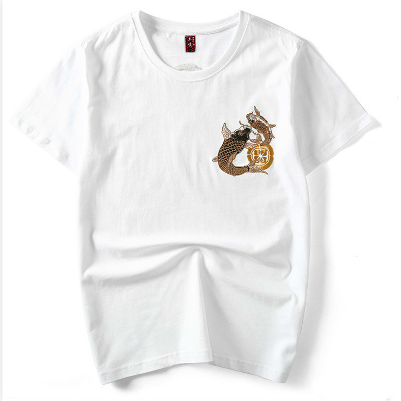 IEFB Summer Men's T-shirt Short Sleeve Round Neck Chinese Style Double Carp Embroidery Pattern Cotton Tee Tops Man 9Y5873 210524