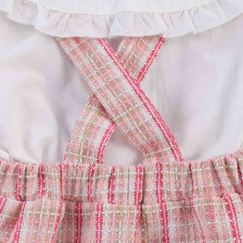 Lovely Kids Baby Girls Clothes 2pcs Suit Peter Pan Collar Long Sleeve Shirt Plaid Suspender Skirt for Autumn Spring Outfits 2-7Y Y220310