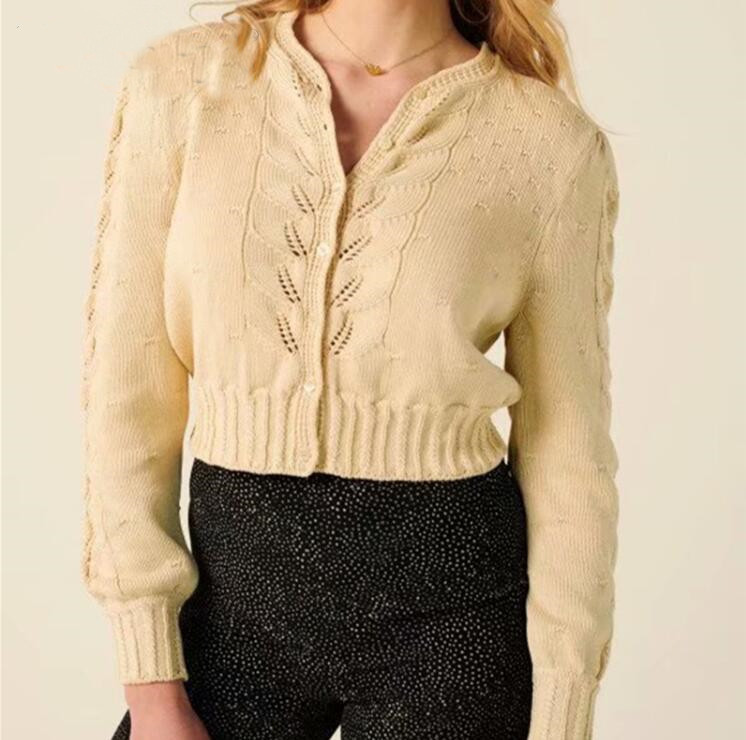 Vintage Women Knitted cardigan France Style Hollow Out Cream Twist Sweater Long Sleeve Knitwear 210429