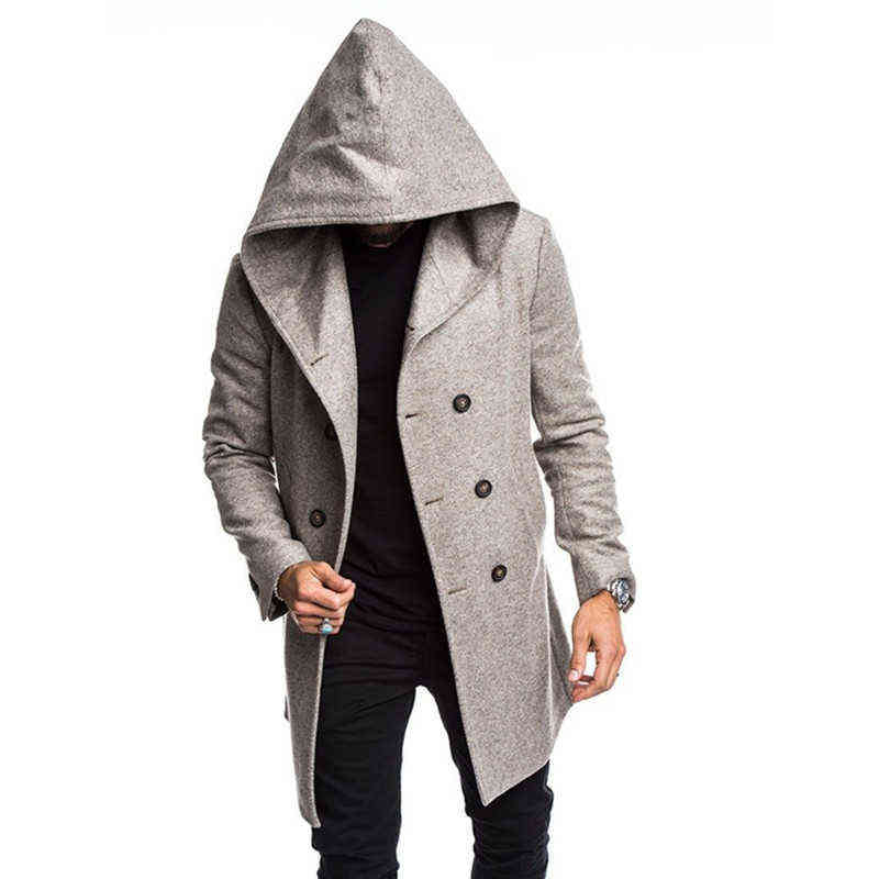 ZOGAA Mens Fashion Long Trench Coat Fleece Hooded Woolen Jacket Peacoat Overcoat 211122