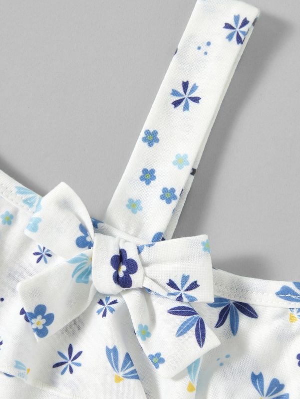 Toddler Girls Floral Print Ruffle Trim Bow Front Asymmetric Neck Dress SHE