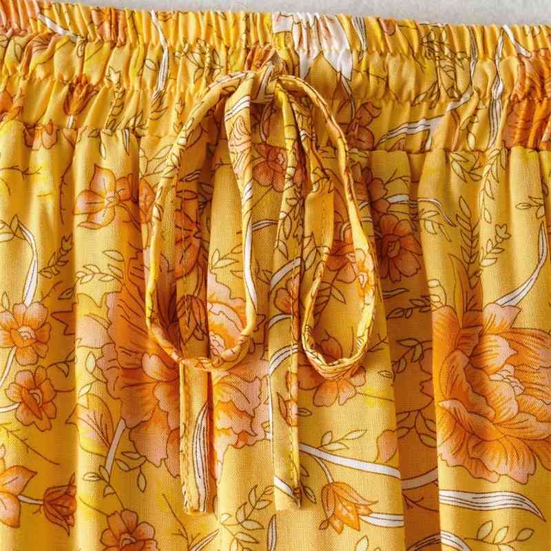 Bohemia Yellow Floral Print Long Skirt Gypsy Women Stitching Pleated Lacing up Stream Waist Maxi length Skirts Boho Holiday 210429