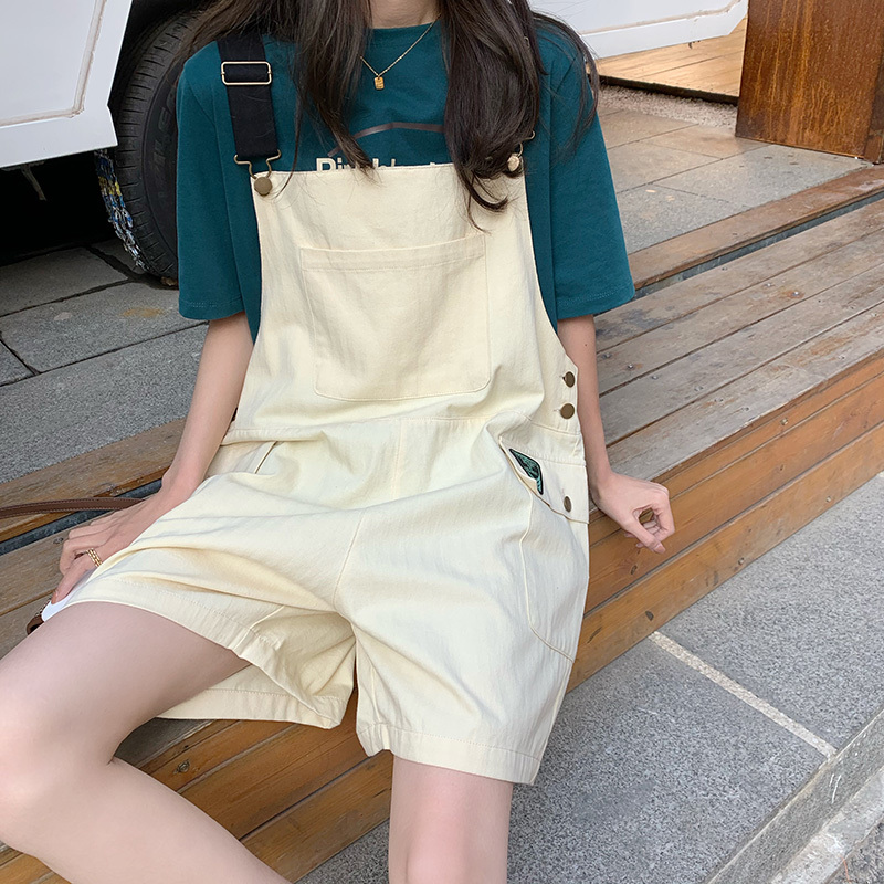 SML Summer korean preppy style Black Jumpsuit Denim Overalls Loose Casual Girls Beige Jeans Shorts womens (72852) 210423