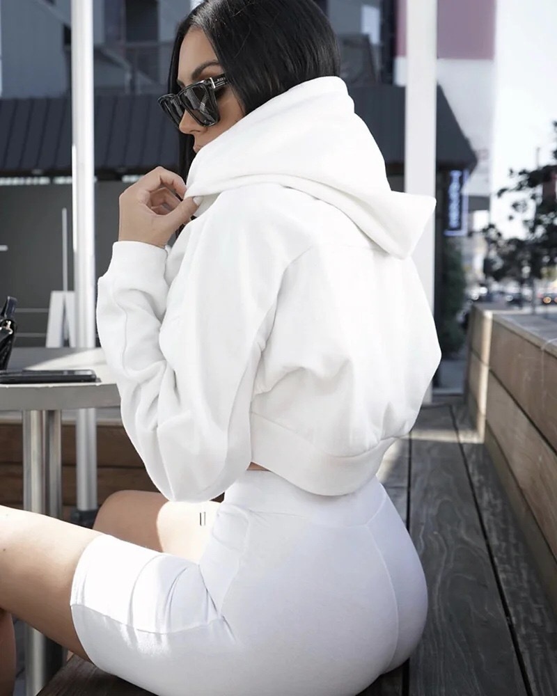 2 Pieces Set Harajuku Long Sleeve Hoodies Fleece Cropped Hooded Sweatshirt Elastic Waist Sport Pants Women Sweats 210429