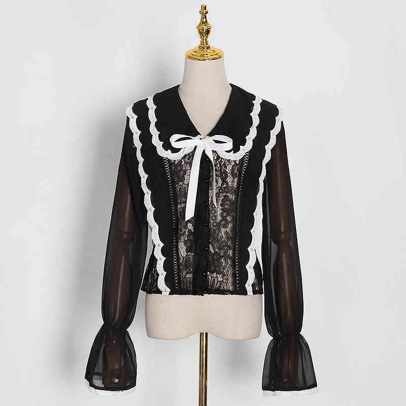 TWOTWINSTYLE White Patchwork Lace Blouse For Women V Neck Flare Sleeve Bowknot Elegant Shirt Female Fashion Clothing Autumn 210517