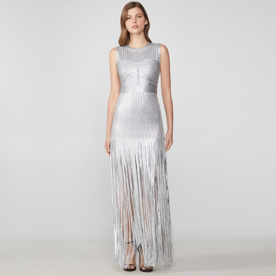 Summer Women's Tank Silver Tassel Maxi Bodycon Bandage Dress Sexy Sleeveless Club Celebrity Evening Party Dresses 210423