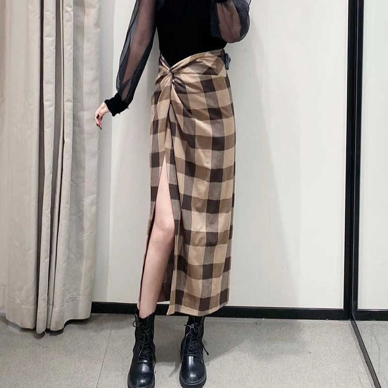 Vintage Elegant Plaid Women Skirts Lady Office Autumn Pencil Long Girls Skirt Female Mid-Calf Mujer skirt 210619