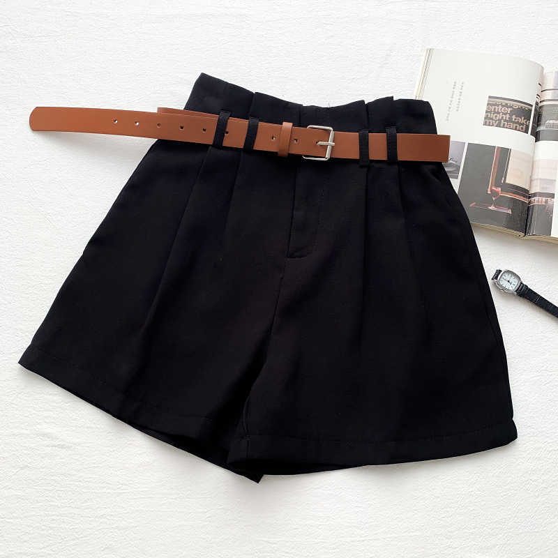 Summer Elegant Shorts Women Korean Belt High Waist Short Fashion Solid Wide Leg Bottoms Mujer 6G187 210603