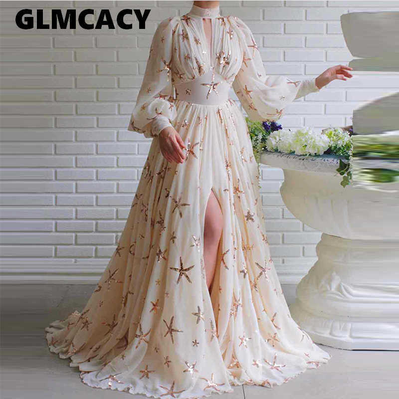 Women Turtleneck High Slit Maxi Dress Elegant Sequined Detail Tunic Dress Classy Evening Party Formal Long Dress 210702
