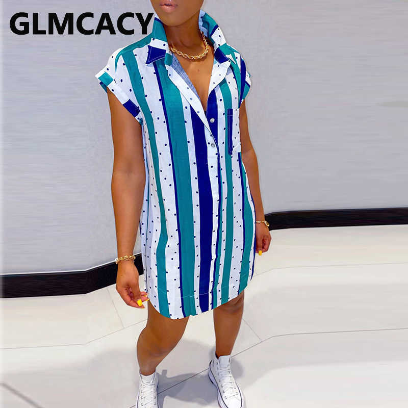 Short Sleeve Striped Button Down Mini Dress Casual Summer Shirt Dresses 210702