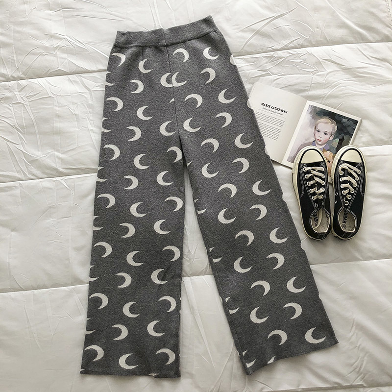 Nomikuma High Waist Knitted Women Pants Causal Korean Moon Printed Long Trousers New Fashion Sweater Wide Leg Pants 6E078 210427