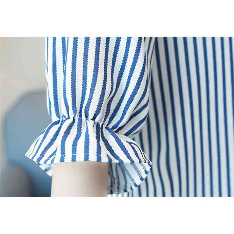 Summer Stripe Casual Women Blouse Shirt Plus Size Female Loose Slim Chiffon Shoulder Short Sleeve Tops 0641 40 210506