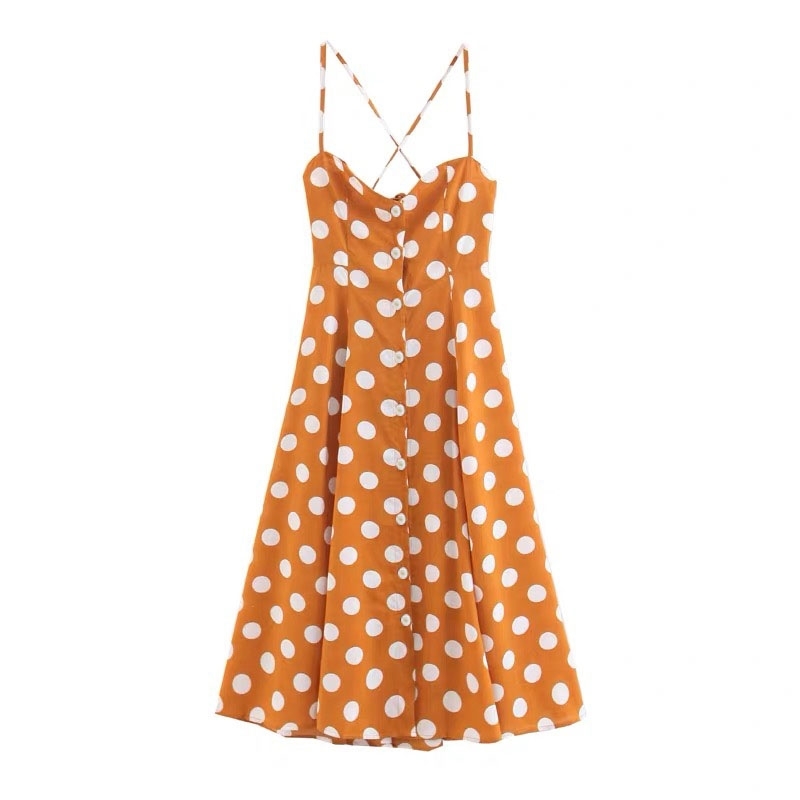 Bohemian Split Women Dress Summer Dot Print Single Breasted Sleeveless Camis Vestidos Cross Knot Backless Female Robe 210421