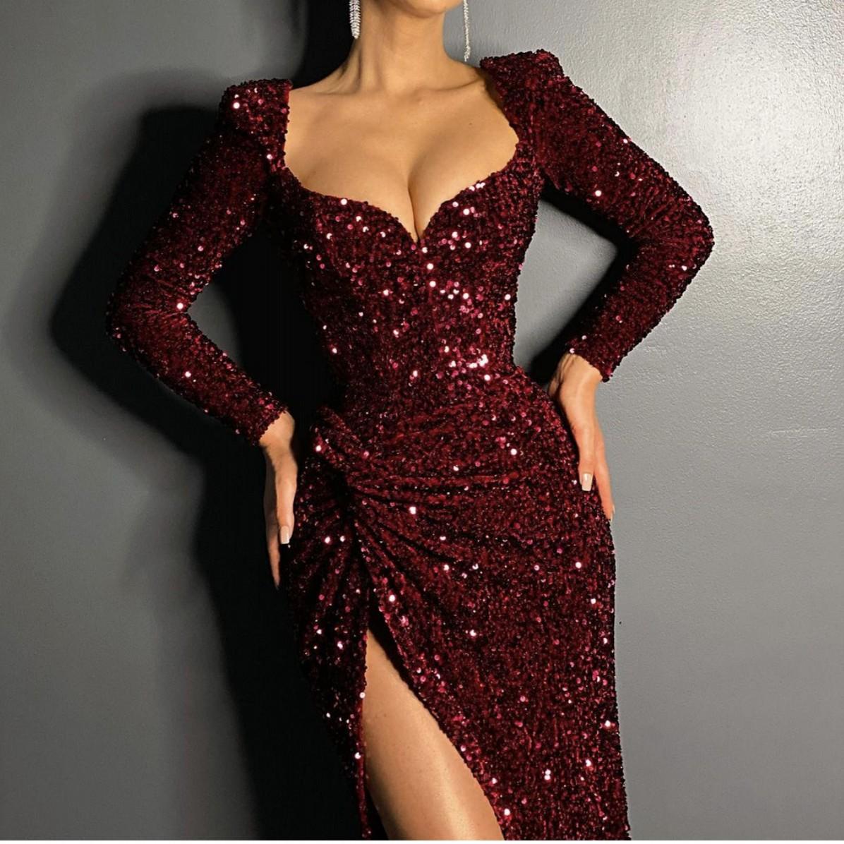Burgundy Sequins Evening Dresses With Long Sleeves Mermaid High Split Mermaid Prom Dress Party Gown Royal Blue