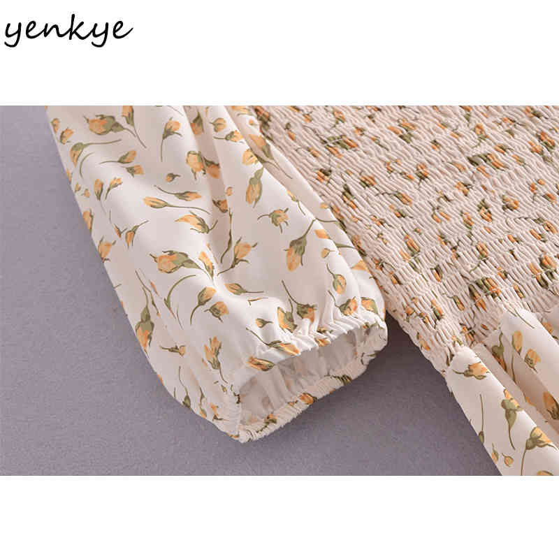 YENKYE Vintage Floral Print Chiffon Dress Women Elegant Square Neck Sexy Slits Vestido Female Summer Holiday Party Dresses 210515