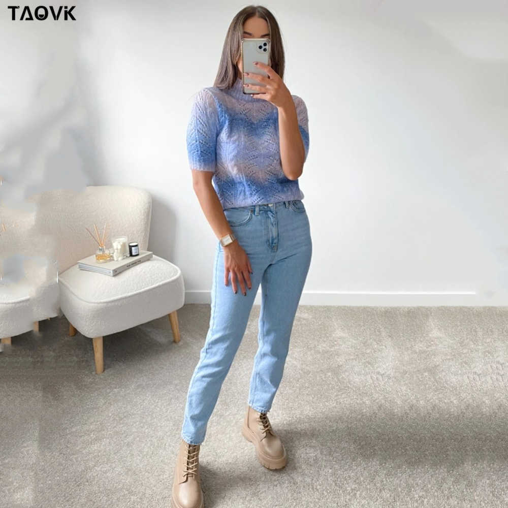 TAOVK Tie Day Knitted Sweater Female Rainbow Kawaii Pullover Women Short Sleeve O-neck Candy Outwear Female Sweet Top Jumpers 210918
