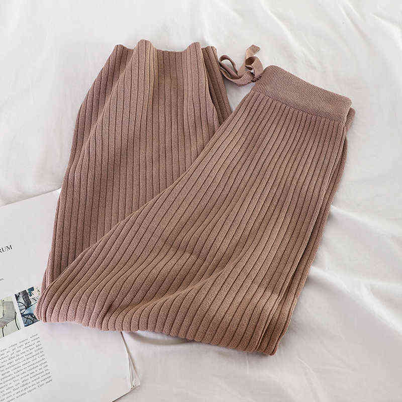 Neploe Winter Autumn Knitted Wide Leg Pants Women Korean Solid Pit Long Trousers Elastic Lace Up Plus Size Sweatpants 211115