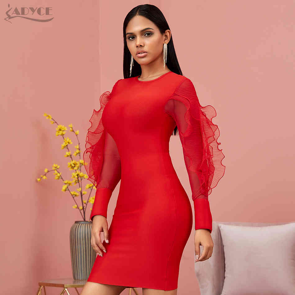 Autumn Lace Red Long Sleeve Bandage Dress Women Sexy Ruffles Black Club Celebrity Evening Party Dresses Vestidos 210423