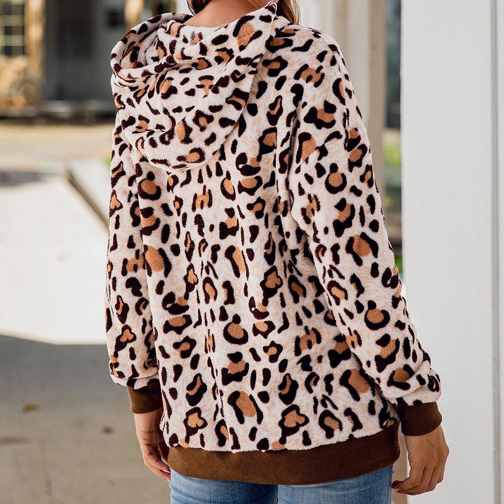Women Loepard Prind Fleece Hoodies Vintage Loose Sweatshirts Autumn Winter Casual Pockets Fuzzy 210428