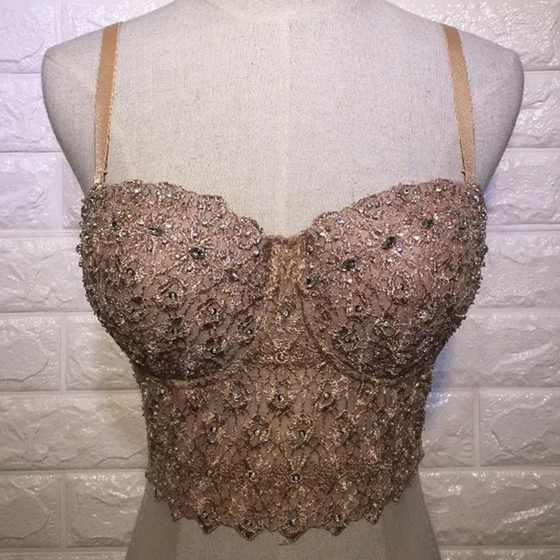 Mesh Lace Bead Bustier Pearls Diamond Push Up Night Club Bralette Women's Bra Cropped Top Vest Camis slim fashion 210421