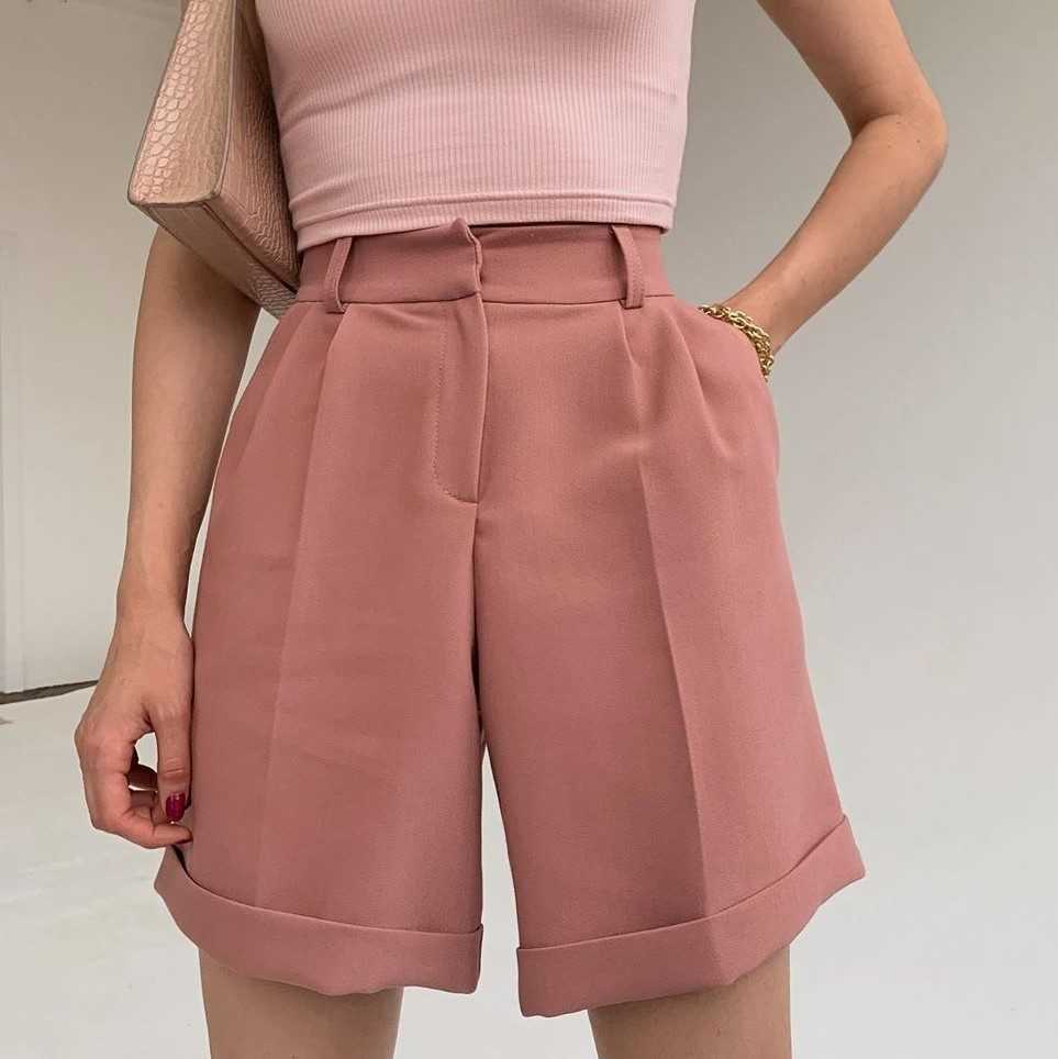 Casual High Waist Women's Shorts Wide Leg Cotton Loose Shorts Women Zipper Pockets Summer Suit Shorts for Women Office Lady 210611