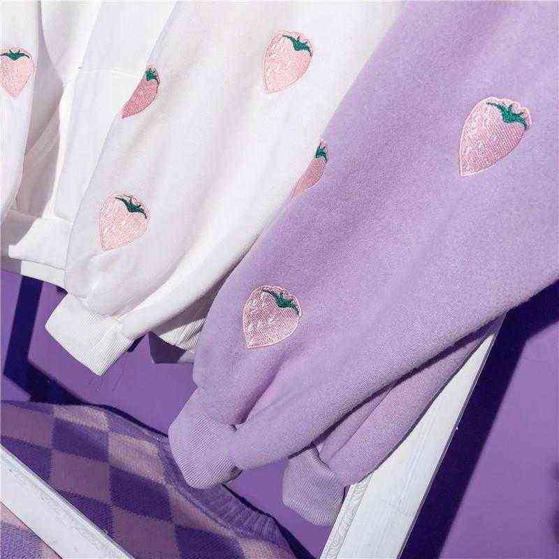 Harajuku Strawberry Embroidery Lavender Pink Sweatshirt Autumn Winter Women Kawaii Loose Long Sleeves Tops Oversized Hoodies XXL 211109