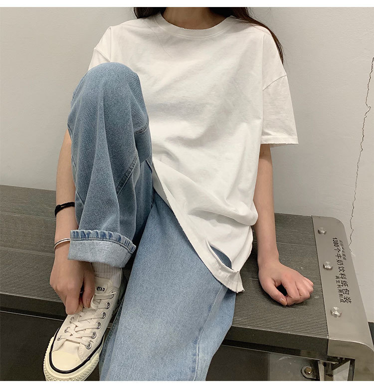 2Colors Summer korean style Soild Color Short Long Sleeve t-shirt Womens Ripped Loose tops Tees shirt femme (X1811) 210423