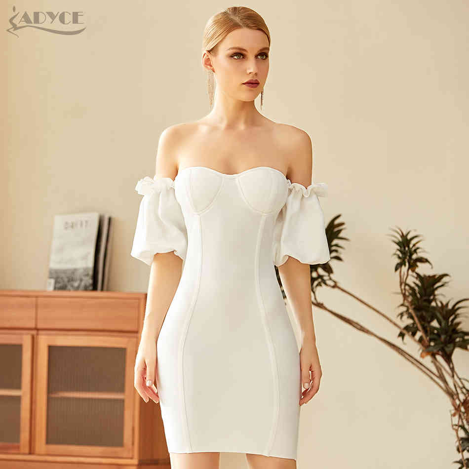 Summer Women Red Off Shoulder Bandage Dress Sexy Short Sleeve Mini White Club Celebrity Evening Runway Party 210423