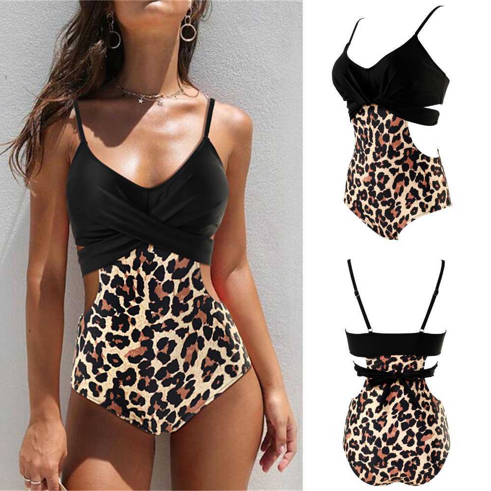 Swimsuit Women Push Up Suit Lace Beachwear Bikini Cut Out Swimwear Monokini Leopard 210625