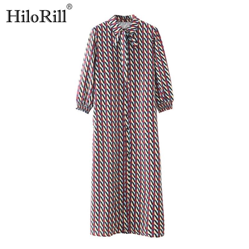 HiloRill Geometric Print Vintage Long Shirt Dress Women Office Wear Elegant Bow Tie Turn Down Collar Casual Vestido Dresses