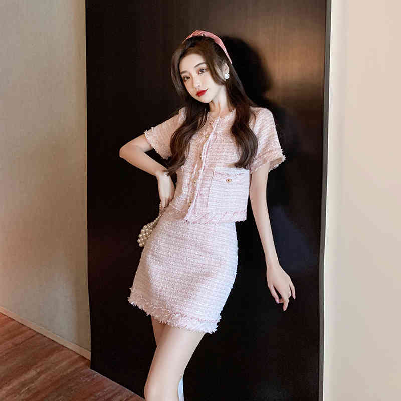 Summer Tweed 2 Piece Sets Women Single Breasted Short Sleeve Jacket + High Waist Bodycon Mini Skirt Elegant Office Ladies Suit 210519