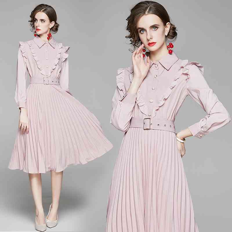 Spring Autumn Women Dress High Quality Fashion Pleated Hem Pink Trimmed With Agaric Laces Send The Belt 210506