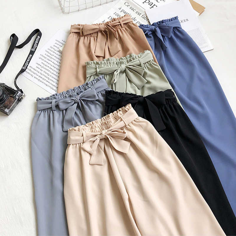 LY VAREY LIN Summer Women Casual Elastic Waist Wide Leg Pants Loose Female High Bow Solid Color Ankle-length 210526