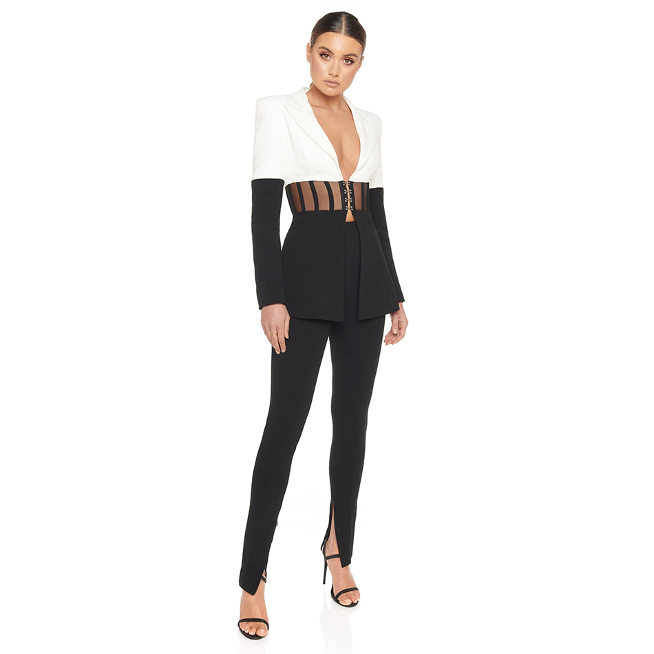 Winter Women Patchwork V Neck Lace 2 Two Pieces Sets Sexy Long Sleeve & Full Pants Club Party Evening Casual 210423