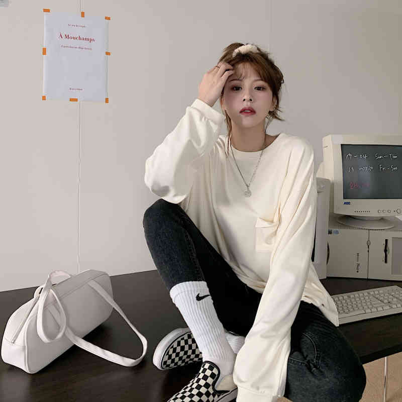 Thicken Warm Korean Loose All Match Tops Full Sleeves Women Streetwear Oversize Chic Minimalist Fashion T-shirt 210421