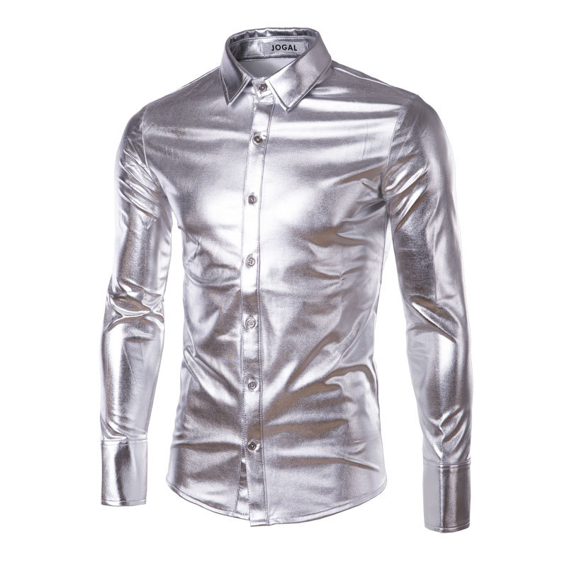 Night Club Wear Mens Dress Shirts Slim Fit Shiny Gold Coated Metallic Shirt Men Long Sleeve Button Down Shirt For Disco Party 210410