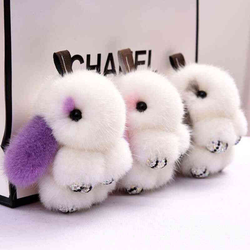 Mink Fur Cute Rabbit Bag Pendant with Diamond Mini Dead Key Chain Car