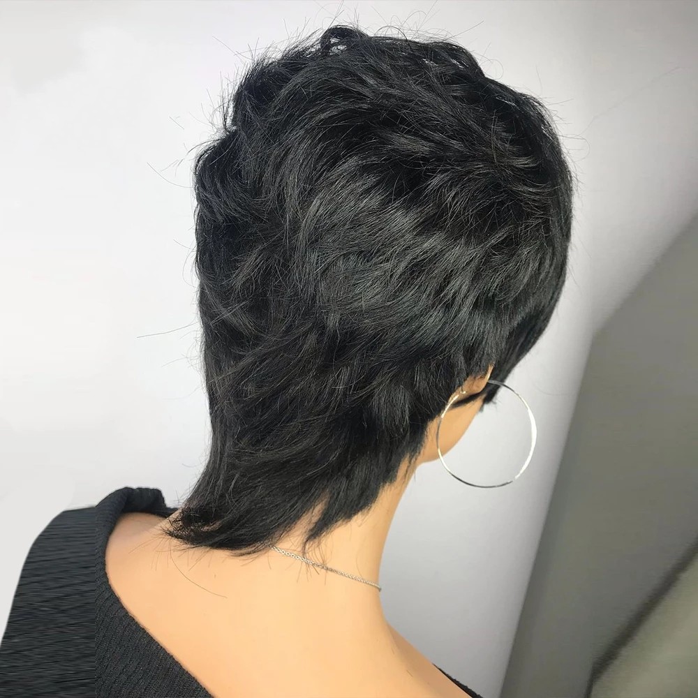 Short Wavy Bob Pixie Cut Full Machine Made Non Lace Front Human Hair Wigs With Bangs For Black Women Remy Brazilian