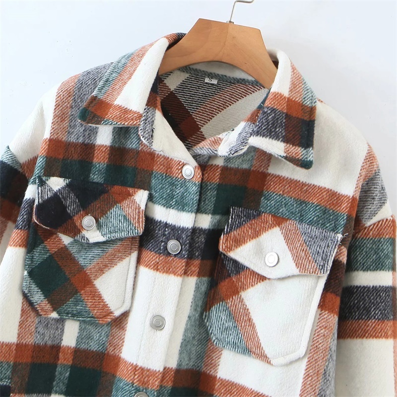 Vintage Stylish Orange And Green Plaid Jacket Coat Women Fashion Lapel Collar Long Sleeve Loose Outerwear Chic Tops 210520