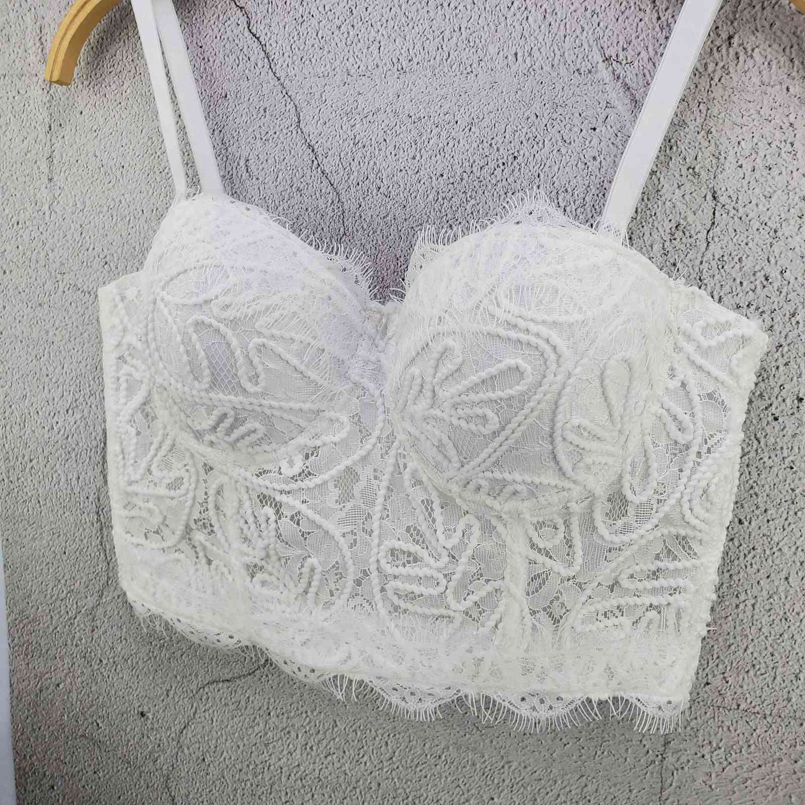 Women Fashion Eyelash Lace Camisole Spring and Summer Sleeveless White Black Short Bustier Corset Crop Tops S219 210527