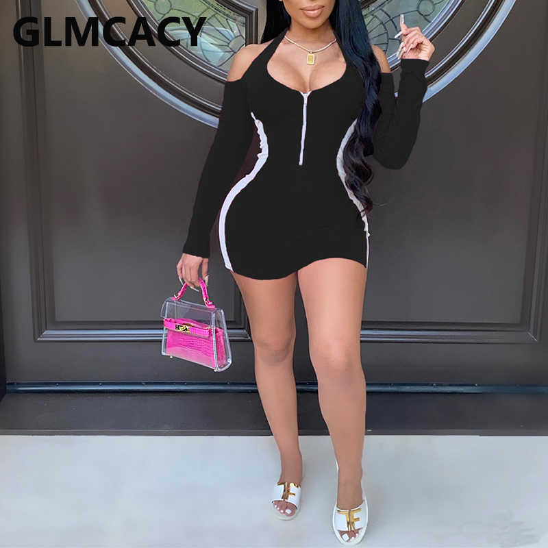 Women Long Sleeve Cold Shoulder Mini Dress Sexy Bodycon Halter Dress 210702